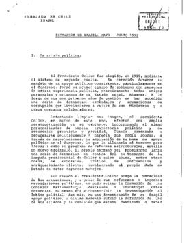 [Carta del Embajador de Chile en Brasil con informe de situación del país entre mayo y julio de 1992].