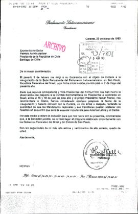 [Carta del Parlamento Latinoamericano por medio de la cual le informa que el PARLATINO ha decidido postergar la inauguración de su Sede Permanente]