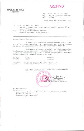 [Carta del Jefe de Gabinete de la Presidencia a SEREMI de Vivienda y Urbanismo IV Región]
