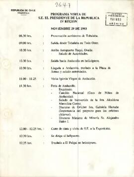 Programa Visita de S.E El Presidente de la República IV Región, 29 de noviembre de 1993.