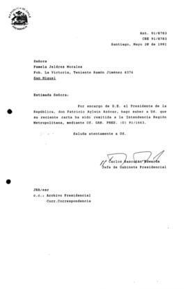 Carta remitida a la Intendencia Región Metropolitana, mediante Of. G A B . PRES. (O) 91/1663.
