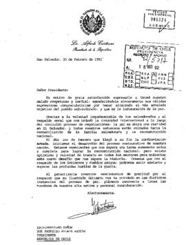 [Carta del Presidente de El Salvador, Alfredo Cristiani a Presidente Patricio Aylwin]