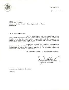 [Carta de rechazo de invitación a la Ceremonia de Conmemoración del Nonagésimo octavo Aniversario...