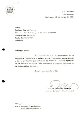 Carta agradece el envió de la Revista "Política" del Instituto de Ciencia Política de la Universidad de Chile.