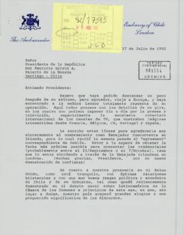 [Carta del Embajador de Chile en Londres al Presidente Aylwin].