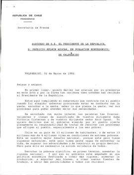 Discurso de S.E. el presidente de la República, don Patricio Aylwin Azócar, en población Montedonico de Valparaíso