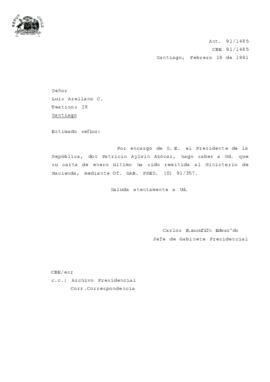 [Carta de respuesta del Jefe de Gabinete Presidencial sobre correspondencia remitida al Ministerio de Hacienda]
