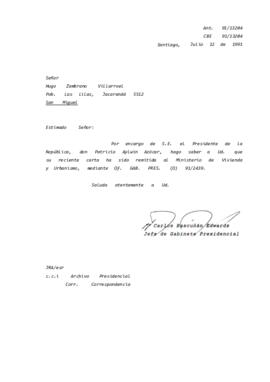 [Informa que carta fue remitida a MINVU, mediante Of. GAB. PRES. (0) 91/2439]