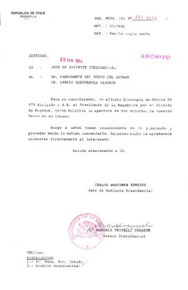 [Oficio del Gabinete Presidencial dirigido al Presidente del Banco del Estado, mediante el cual informa sobre solicitud del Alcalde de Puyehue]