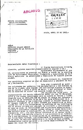 [Carta del Frente Regionalista Arica-Parinacota dirigida al Presidente Patricio Aylwin]