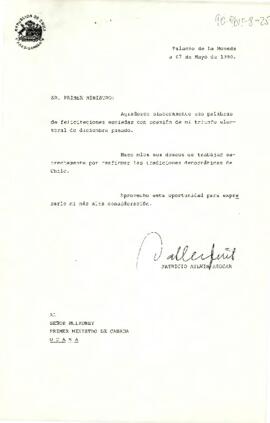 [Carta del Presidente Aylwin al Primer Ministro de Canadá, agradeciendo felicitaciones por el triunfo electoral pasado].
