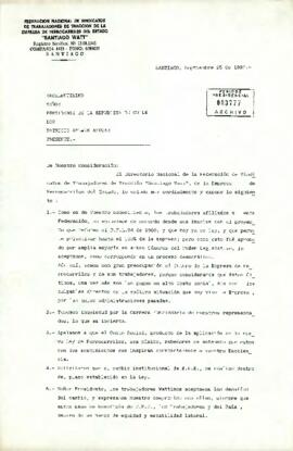 [Carta de la Federación Nacional de Sindicatos de Trabajadores de Tracción de la Empresa de Ferrocarriles del Estado al Presidente Patricio Aylwin Azócar]