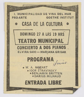 Afiche : Concierto a dos pianos - Elvira Savi - Mariana Grisar