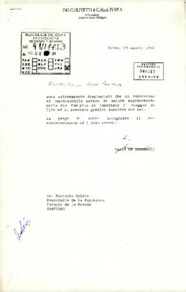[Carta de Carlo de Benedetti excusándose por no poder visitar Chile]