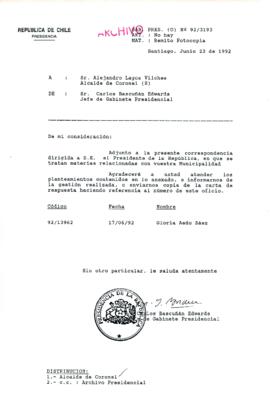 [Carta del Jefe de Gabinete de la Presidencia a Alcalde (S) de Coronel]