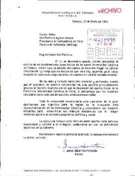 [Carta del rector de la Universidad Católica de Temuco agradeciendo al Sr. Presidente]