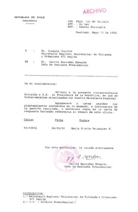[Carta del Jefe de Gabinete de la Presidencia a SEREMI de Vivienda XII Región]