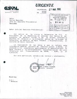 [Carta del Gerente General de ESVAL dirigida al Jefe de Gabinete Presidencial, referente al estado del agua potable y alcantarillado en Valparaíso]