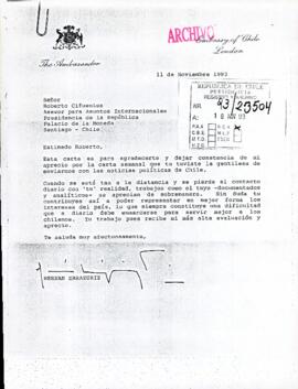 [Carta del Embajador Chileno en Londres, don Hernán Errázuríz dirigida al Asesor para asuntos internacionales de la Presidencia]