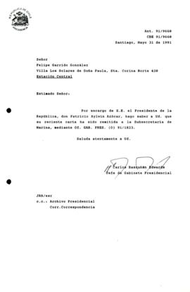 [Informa que carta fue remitida la Subsecretaría de Marina, mediante Of. GAB. PRES. (0) 91/1823]