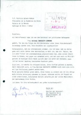 [Carta de opinión dirigida al Presidente Patricio Aylwin, referente a detención de Belinda Zubicueta]