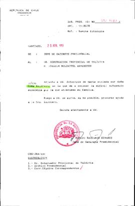[Oficio del Jefe de Gabinete Presidencial dirigido a la Gobernación Provincial de Valdivia]