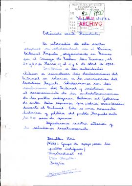 [Carta de apoyo al Primer Tribunal Mapuche dirigida al Presidente Patricio Aylwin]
