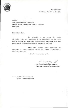 [Carta de respuesta a Sr. Ana María Pizarro impartiendo instrucciones para que ésta sea atendida en Subsecretaría de Educación]