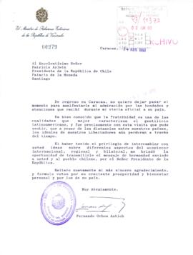 [Carta de agradecimientos del Ministro de Relaciones Exteriores de Venezuela en su reciente visita oficial a Chile]