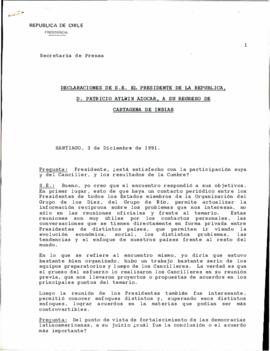 Declaraciones de S.E. el Presidente de la República, don Patricio Aylwin Azócar, a su regreso de Cartagena de Indias