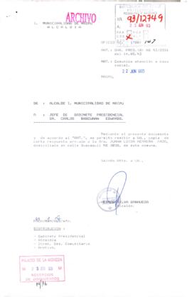 [Oficio del Alcalde de la Municipalidad de Maipú dirigido al Jefe de Gabinete Presidencial, referente a caso social]