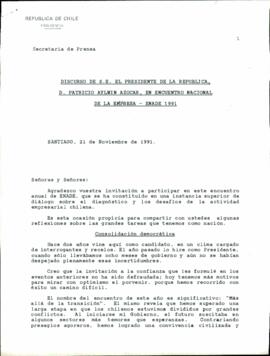 Discurso de S.E. el presidente de la República, don Patricio Aylwin Azócar, en Encuentro Nacional de la Empresa ENADE 1991