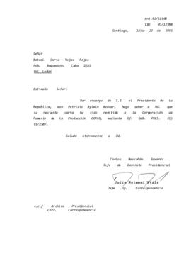 Carta  remitida a la Corporación de Fomento de la Producción CORFO