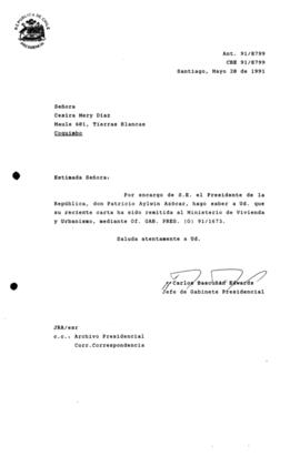 Carta remitida al Ministerio de Vivienda y Urbanismo, mediante Of. G A B . PRES. (O) 91/1673.