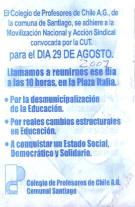 El Colegio de Profesores de Chile A.G., de la comuna de Santiago, se adhiere a la movilización social y acción sindical convocada por la CUT
