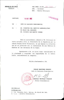 [Carta del Jefe de Gabinete de la Presidencia a Director del Servicio Metropolitano de Salud del Ambiente]