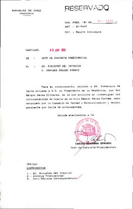 [Carta del Jefe de Gabinete Presidencial dirigida al Ministro del Interior sobre solicitud de investigación enviada por particular]