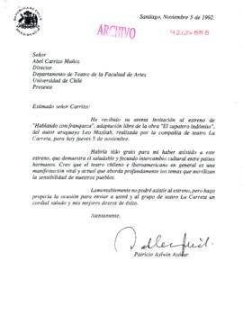 [Carta del Presidente Patricio Aylwin al Director del Departamento de Teatro de la Facultad de Artes de la Universidad de Chile]