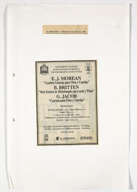 Publicidad de Concierto : E.J. Moran "Cuarteto de Fantasía para Oboe y Cuerdas"; B. Britten "Siete Sonetos de Michelangelo para Canto y Piano" ; G. Jacob "Cuarteto para Oboe y Cuerdas"