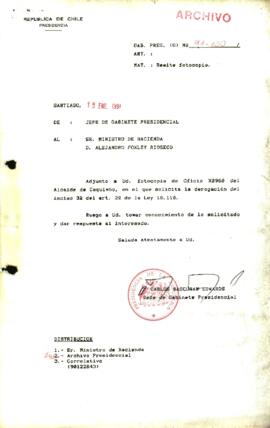 Remite y adjunta Oficio Alcalde de Coquimbo, solicitando derogación del inciso 3 del Art. 2 de la Ley 18.110