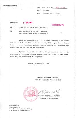 [Oficio  Gab. Pres. Ord. N° 0114 de Jefe de Gabinete Presidencial, remite copia de carta que se indica]