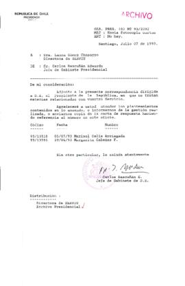 [Oficio  Gab. Pres. Ord. N°  3392 de Jefe de Gabinete Presidencial, remite copia de carta que se indica]
