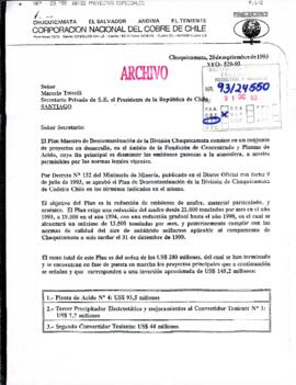 [Fax del VicePresidente Ejecutivo de Operaciones de CODELCO mediante el cual informa sobre el Plan Maestro de Descontaminación de la División Chuquicamata]