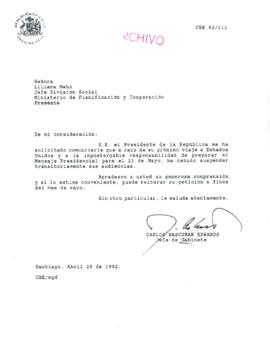 [Carta del Jefe de Gabinete de la Presidencia a Jefa de División Social de MIDEPLAN]