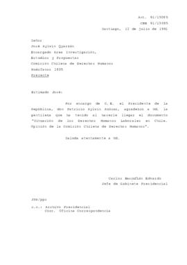 Carta agradecimiento por el envío de documento "Situación de los Derechos Humanos Laborales en Chile. Opinión de la Comisión Chilena de Derechos Humanos".