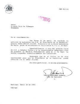 [Carta del Jefe de Gabinete de la Presidencia a Ricardo Ruíz de Viñaspre]