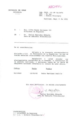 [Carta del Jefe de Gabinete de la Presidencia a Alcaldesa (S) de Requinoa]