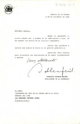 [Carta dirigida a don Fernando Matthei Comandante en Jefe de Fuerza Aérea de Chile, por saludo de cumpleaños del Presidente Aylwin]