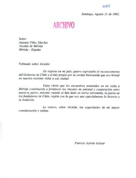 [Agradecimientos del Presidente de Chile al Alcalde de Mérida con ocasión de su reciente visita a esa ciudad]