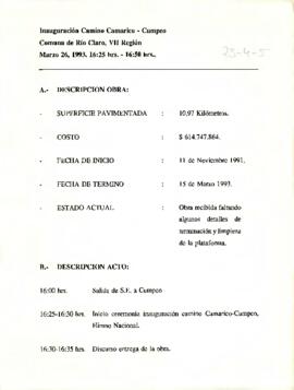Inauguración Camino Camarico - Cumpeo Comuna de Río Claro, VII Región Marzo 26, 1993. 16:25 hrs. - 16:50 hrs.